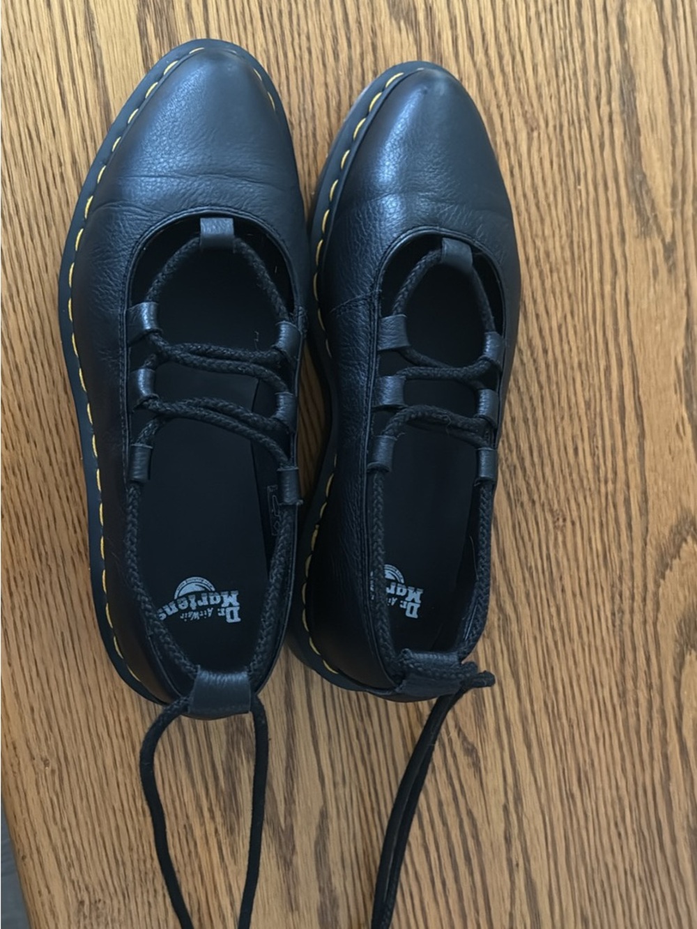 Dr. Martens Black Leather Lace-Up Mary Jane Shoes with Yellow Stitching